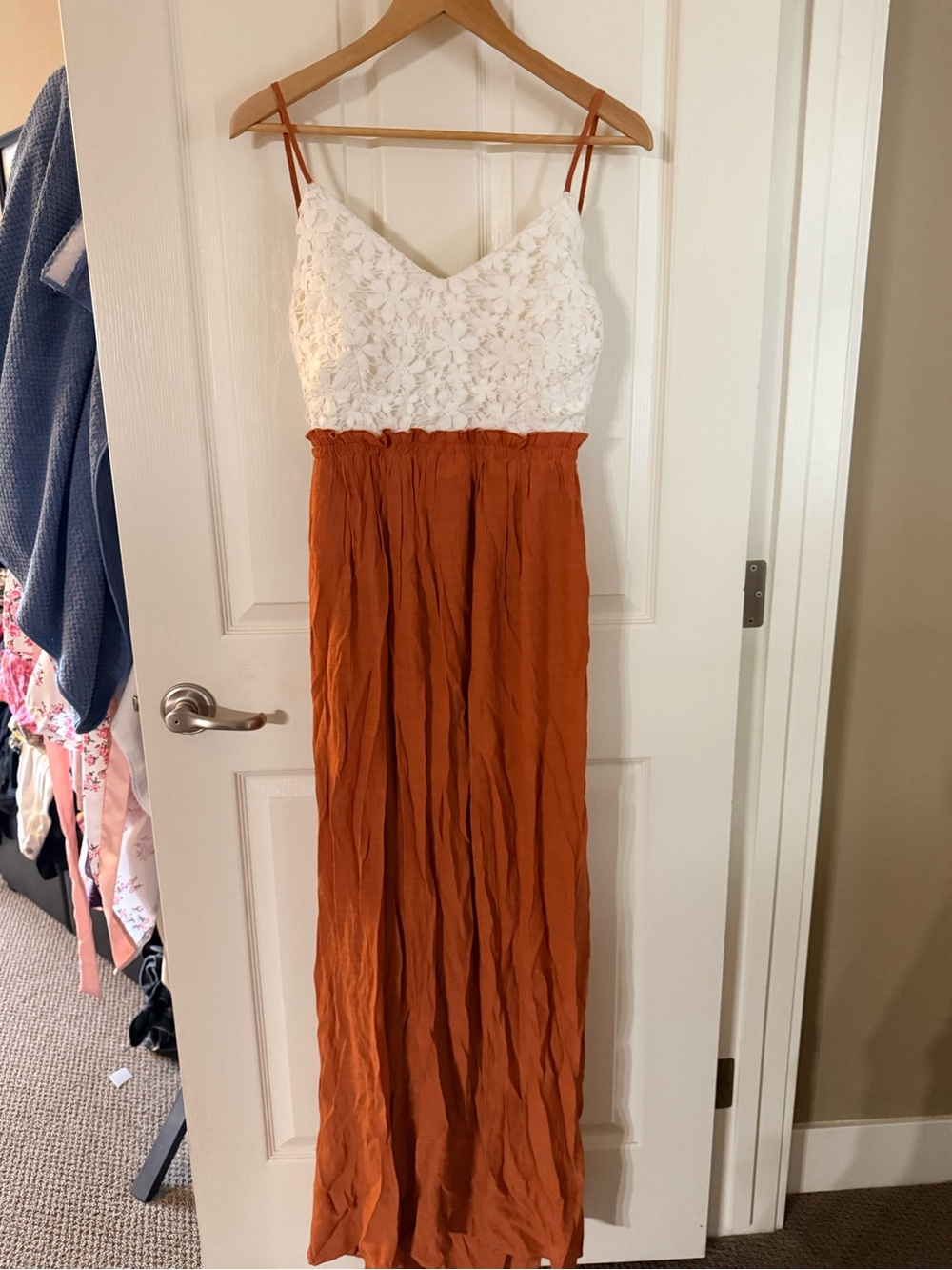 Mind Code White Lace Bodice & Rust Orange Maxi Dress